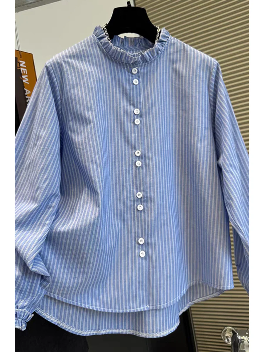 

Элегантная однотонная женская рубашка с длинным рукавом, весна 2026, новый стиль, легкая, антивозрастная, из марлевой ткани, с волнистым краем, в стиле «ветерок»