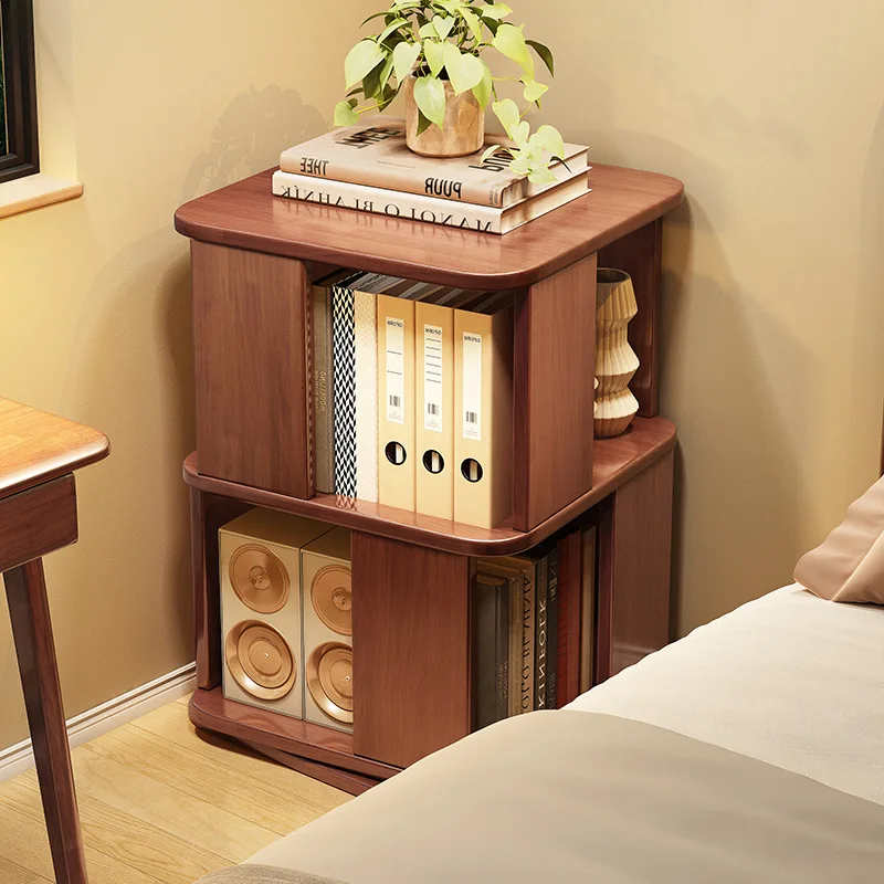 Solid wood rotating bookshelf 360-degree bookcase small apartment household living room movable children's floor storage rack