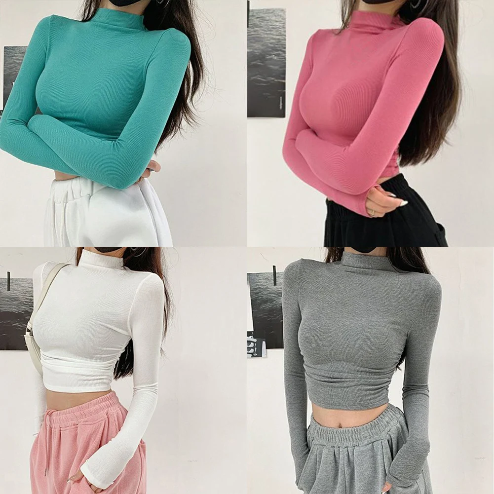 Women's Turtle Neck Long Sleeveless T-Shirt Women's Short T-Shirt Women's Y2K Top