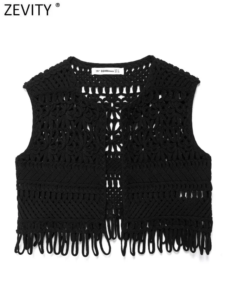 

Zevity 2024 Women Fashion O Neck Sleeveless Hollow Out Lace Crochet Hem Tassel Waistcoat Lady Summer Crop Vest Tops LS6315