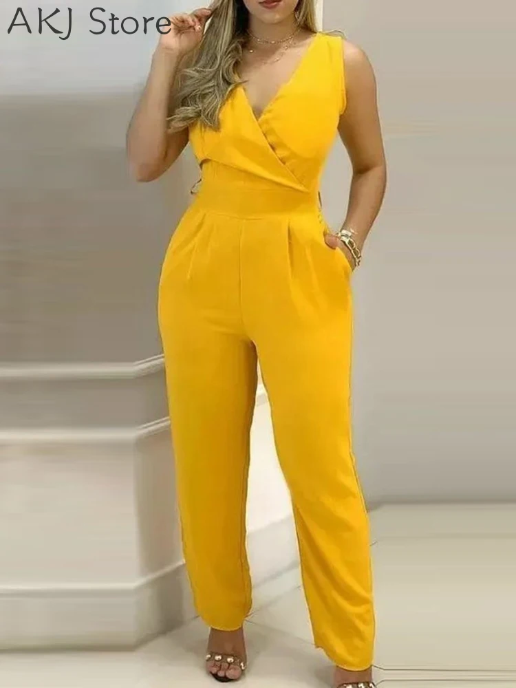 Women Sleeveless Pocket Design V-neck Work Jumpsuit