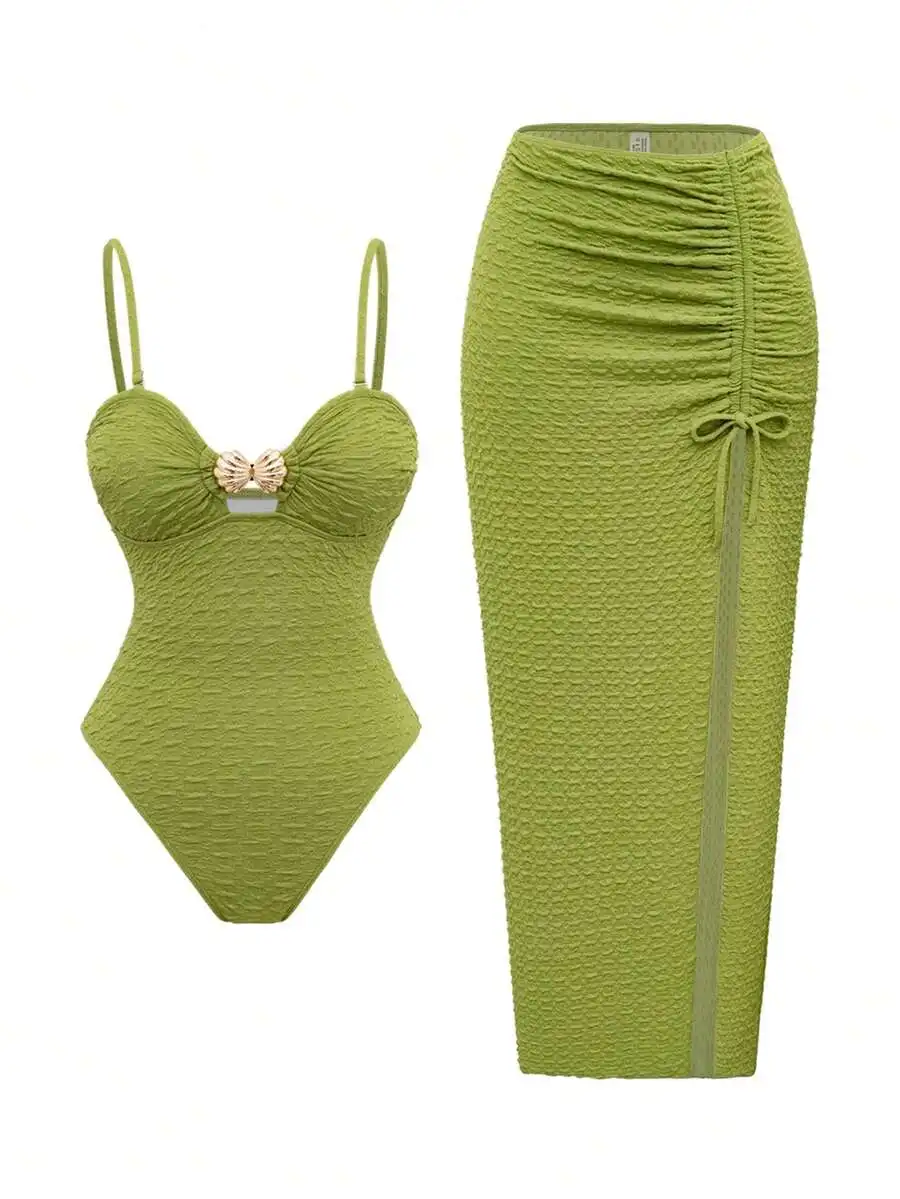 

Olive Green Ruched Bandeau One-Piece Swimsuit With Front Bow And Matching High-Waisted Skirt Set For Beach Resort Wear