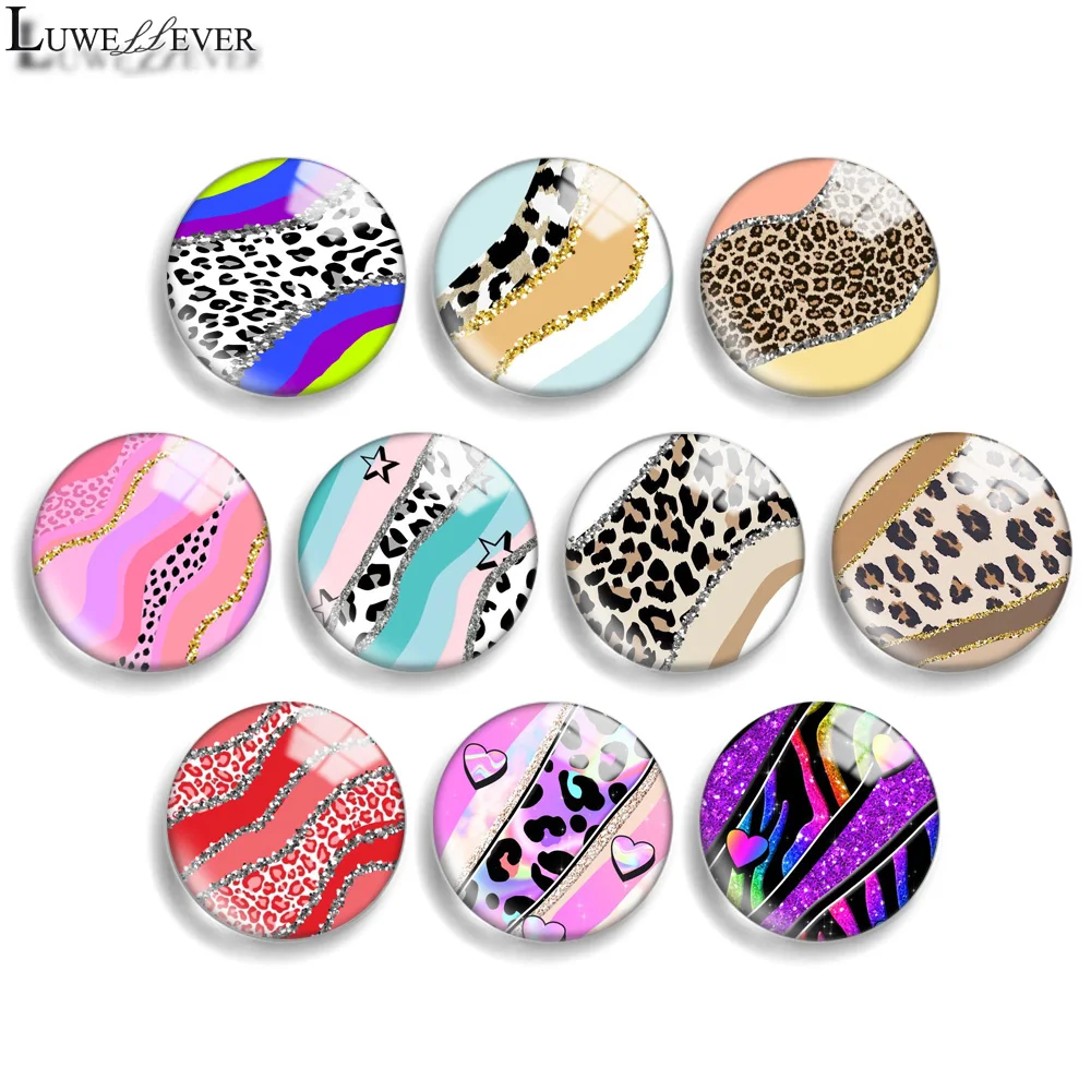 10mm 12mm 20mm 25mm 30mm 40mm 838 Leopard Print Mix Round Glass Cabochon Jewelry Finding 18mm Snap Button Charm Bracelet