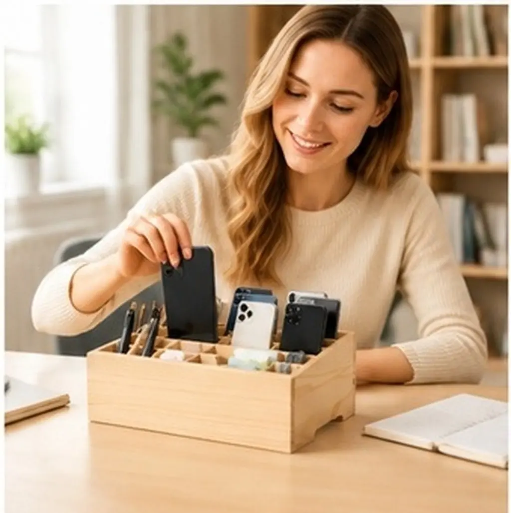 Wooden Multi Grid Holder Organizer Desk Organizer Wooden Box Phone Management Desktop Mobile Storage Classroom