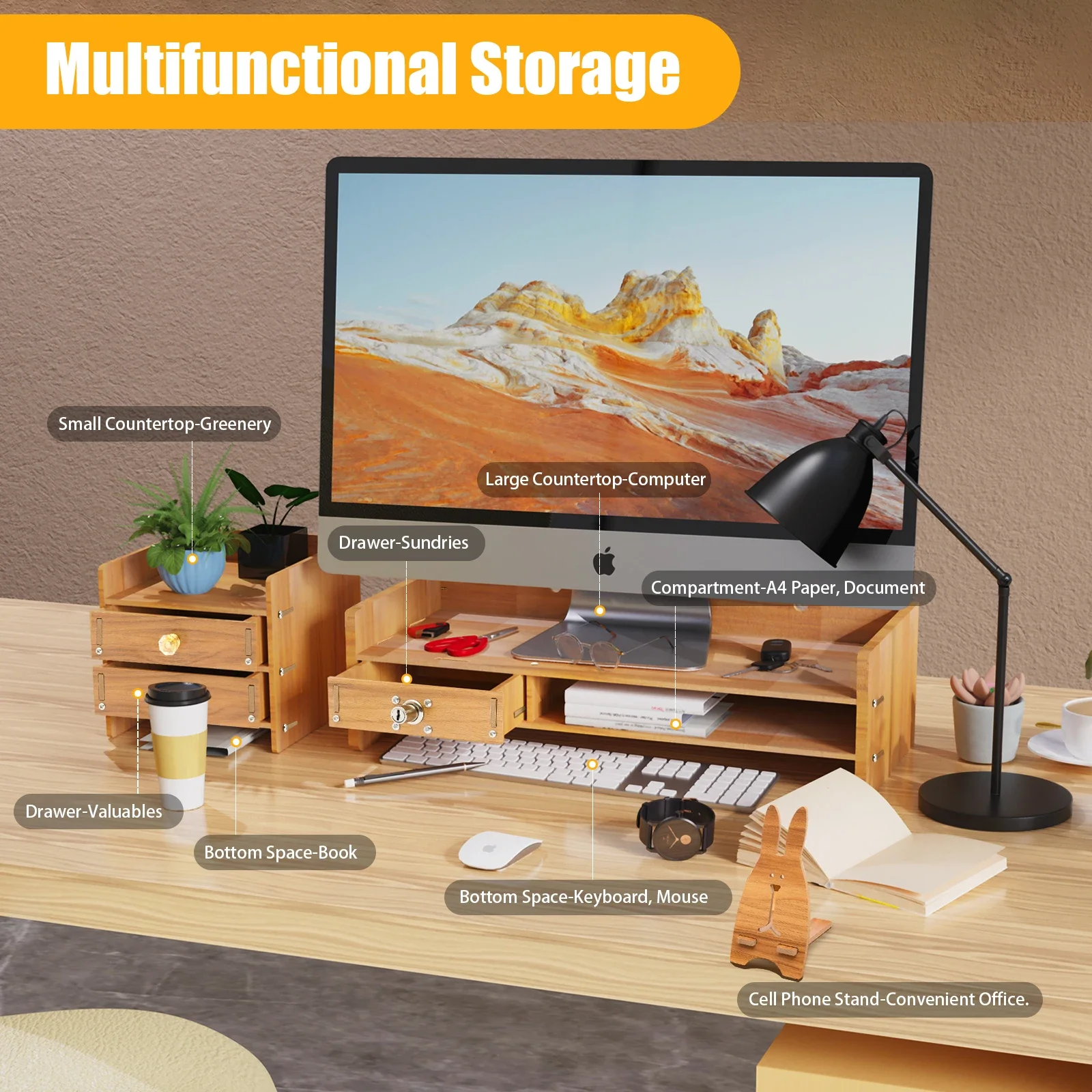 Office Wood Desk Organizers with Lock File Storage Computer Desktop Tray