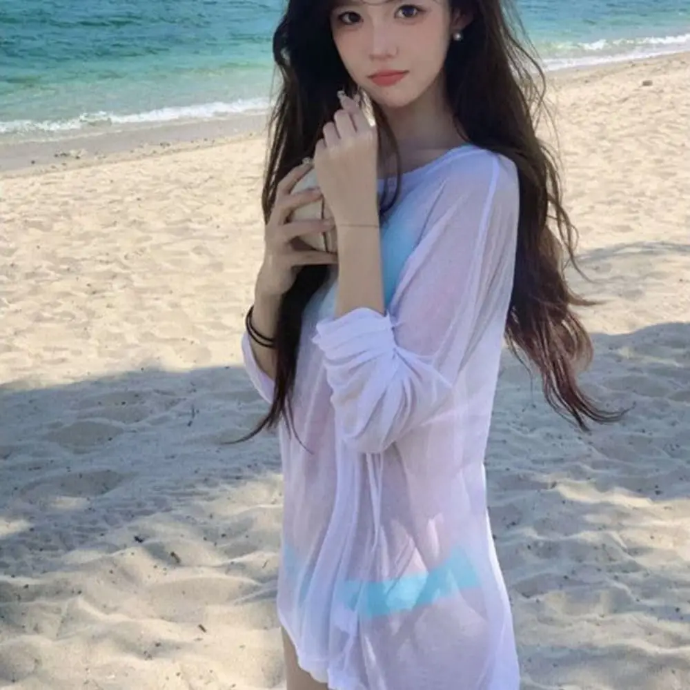 Camisetas holgadas para cubrir Bikini, ropa de playa transparente para verano, jerséis lisos con protección solar, Tops de manga larga lavables de gran tamaño