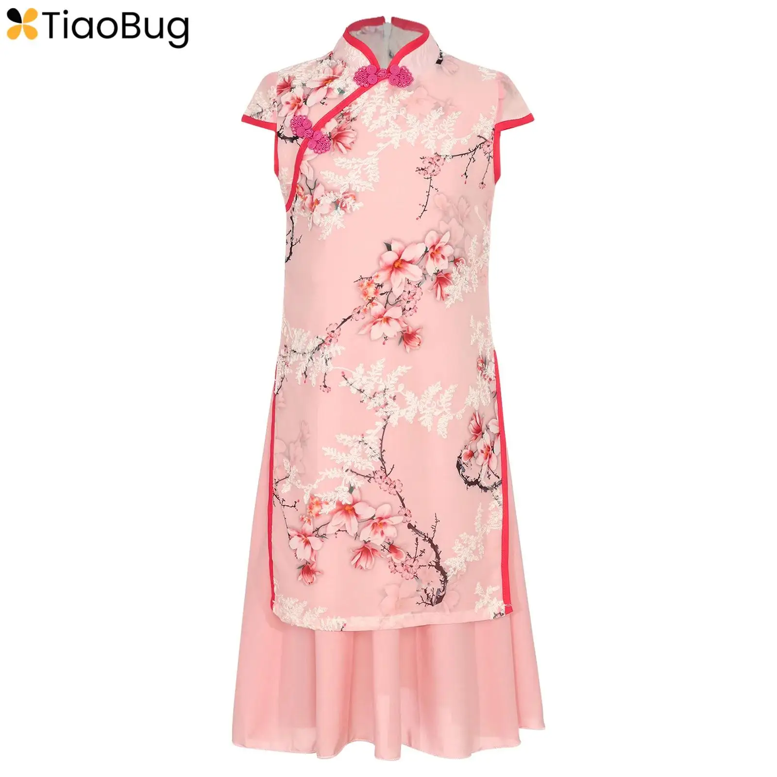 

Kids Girls Cheongsam Chinese Traditional Costume Embroidery Floral Print Cap Sleeves Knot Button Sides Split Double-Layer Dress