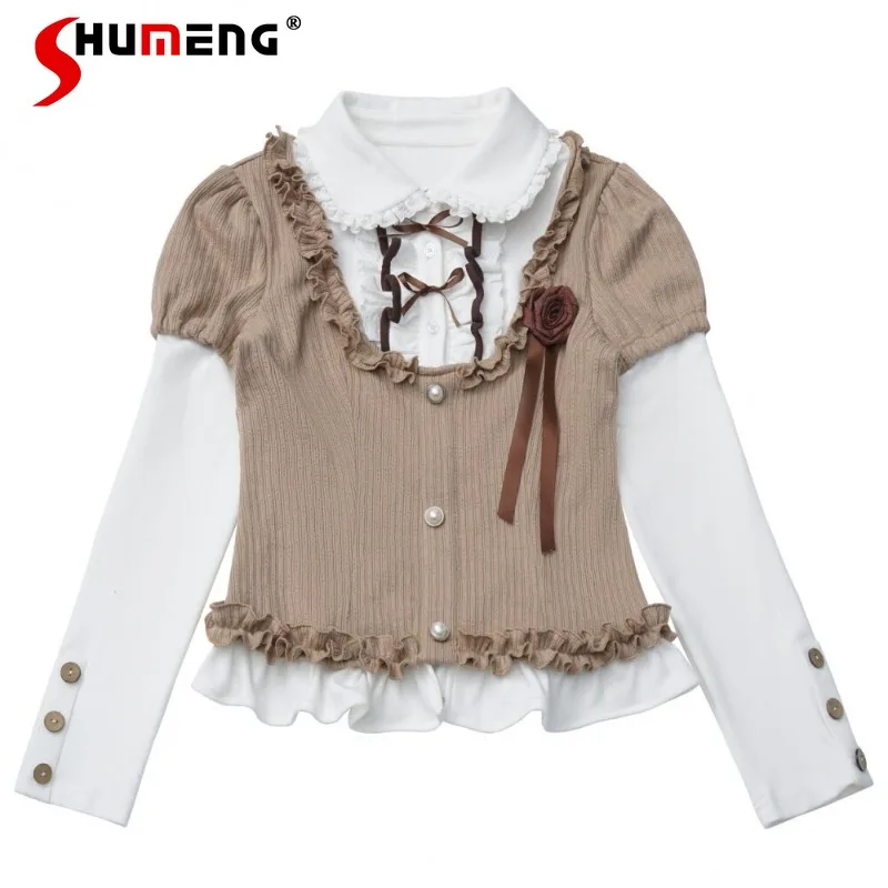 

Spring New Arrivals Y2k Clothes Japanese Style Knitting Soft Waxy Fake Two-piece Tops Knitwear Stereo Brooch Lace Cake Skirt