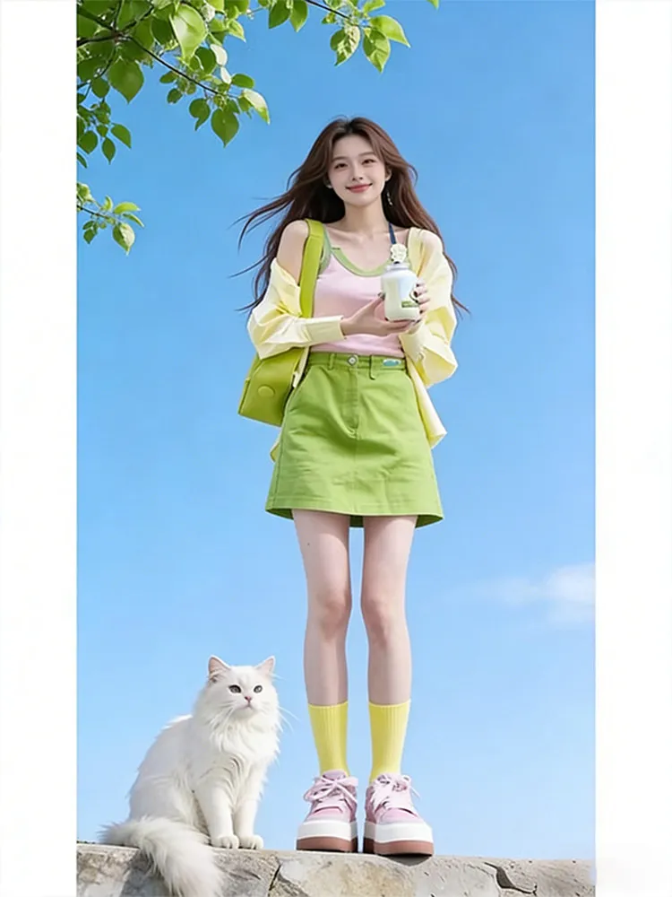 

Spring Green Layering Women's Set Shirt Halter Skirt Elegant Casual Fashion Ensemble Age-Defying Dopamine-Inspired Outfit