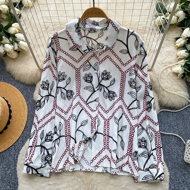 Women's Summer Shirt Chic Bohemian Embroidery Pattern Shirt Casual Loose Long Sleeve Spring Fall Blouse Female Tops BL484