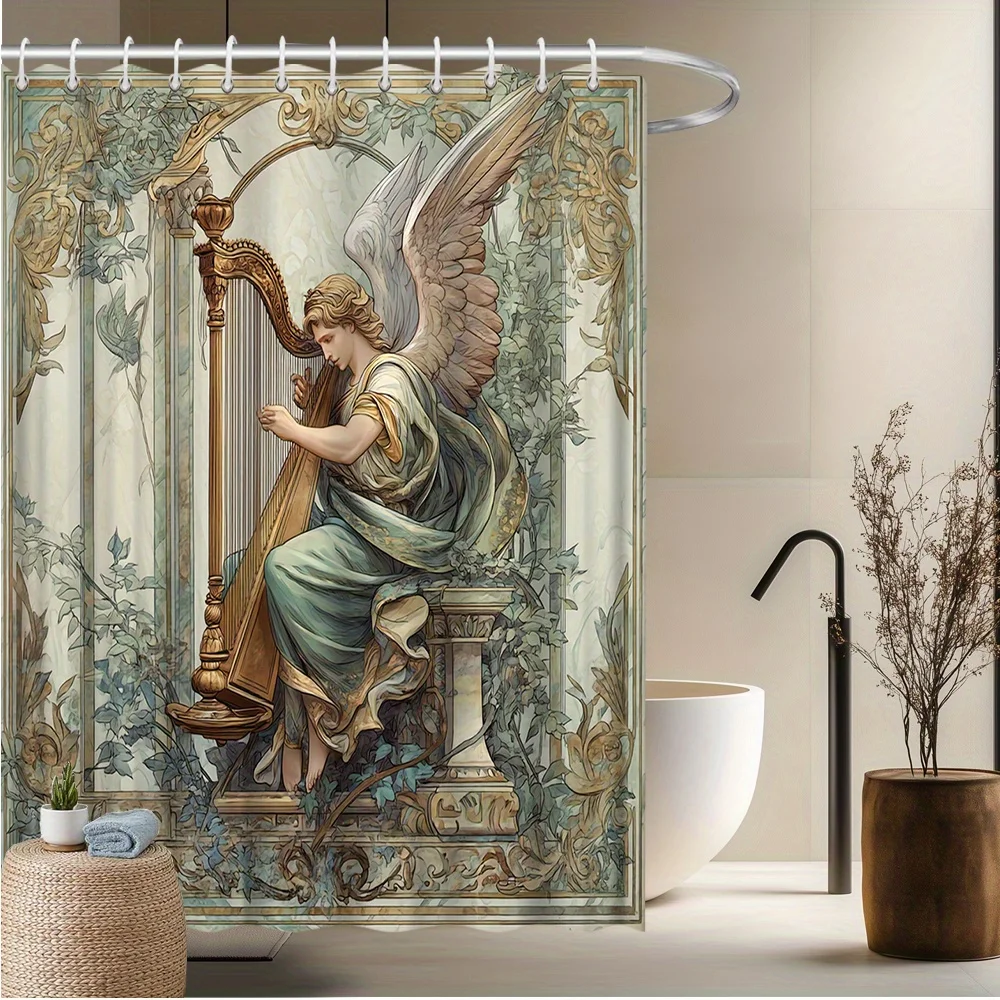 1pc Angel Playing Harp Shower Curtain, Classic Mythology Pattern, With 12 Hooks, Luxury Bathroom Decor