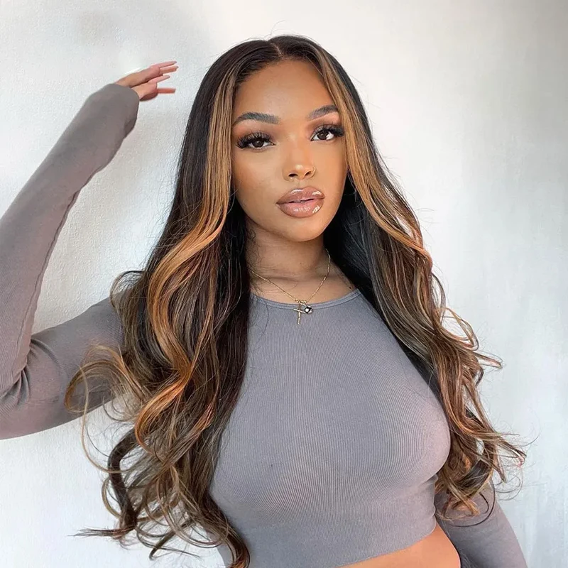 Small Large Cap Highlight Brown Lace Front Wig Body Wave Wig Honey Brown Synthetic Wigs 13x4 Transparent Lace Front For Women