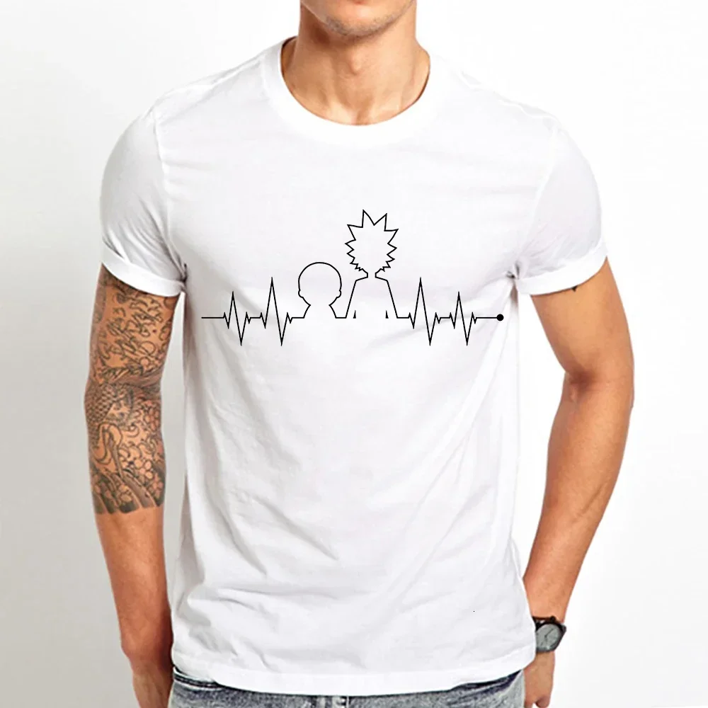 Heartbeat line geek anime funny t shirt men summer white casual homme cool t-shirt unisex streetwear breathable print