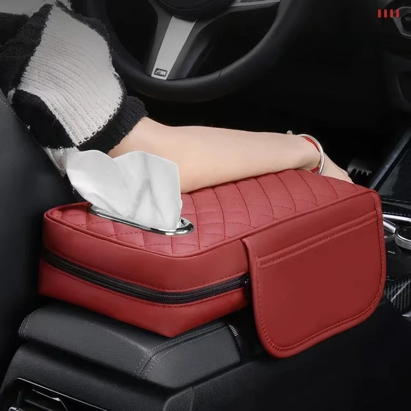 Car Universal Armrest Cover Leather with Tissue Storage Memory Foam Height Pad Car Armrest Box Protective Pad Increased Support