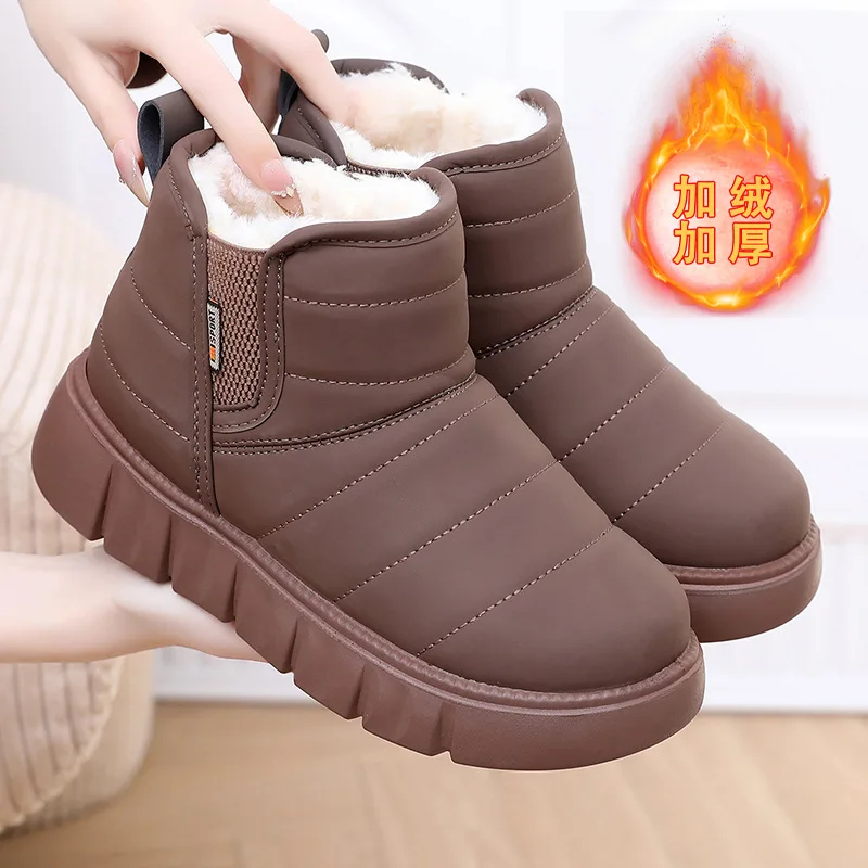 

Winter Warm Snow Boots Thick Plush Women Slip On Flat Heels Cotton Shoes Woman Non Slip Waterproof Ankle Boots Female Black
