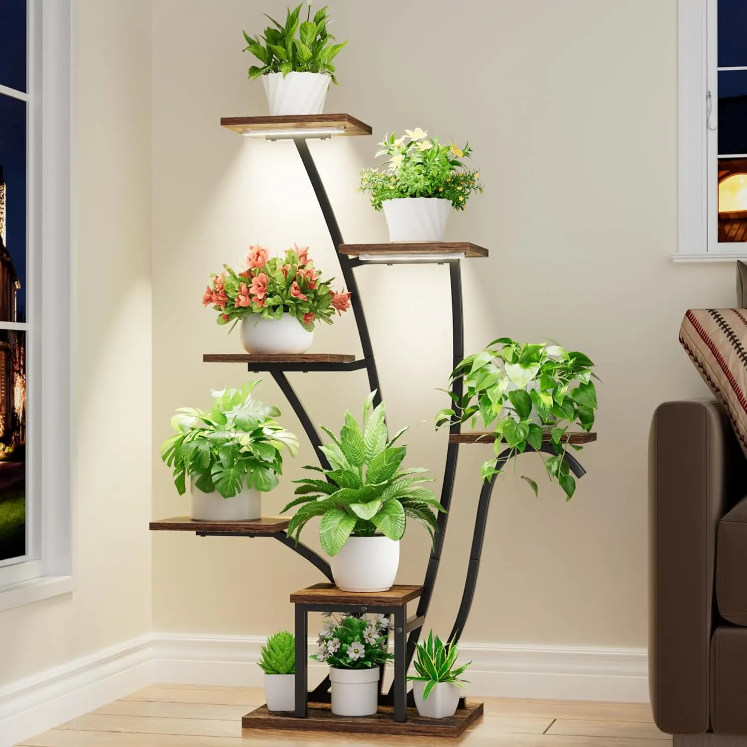 

43" Tall 7-Tier Indoor Plant Stand with Grow Lights, Adjustable Brightness & Timer for Living Room Decor