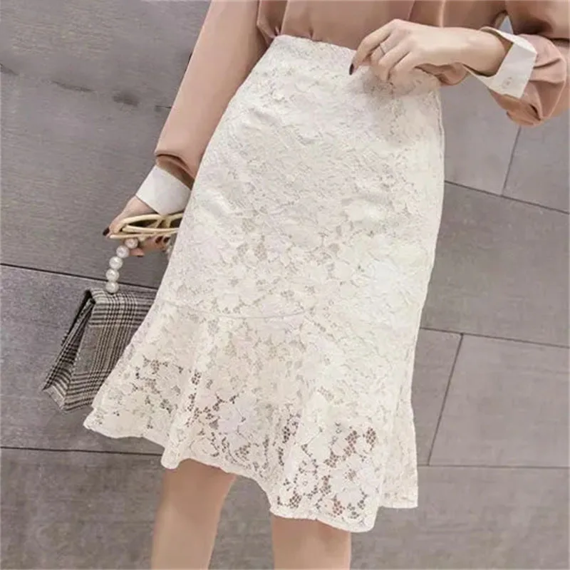 

2025 Women Leisure High Waist A-line Skirt Korean Female Fashion Lace Fishtail Skirt Summer Ladies Flounce Hollow Out Maxi Skirt