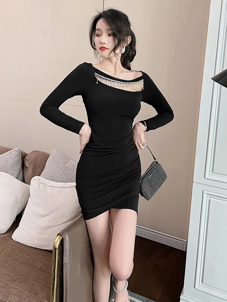 여성을위한 한국 스타일 우아한 드레스 2022 오-넥 다이아몬드 할로우 미니 클럽 비대칭 세련된 패키지 힙 여성 드레스 베스 티드