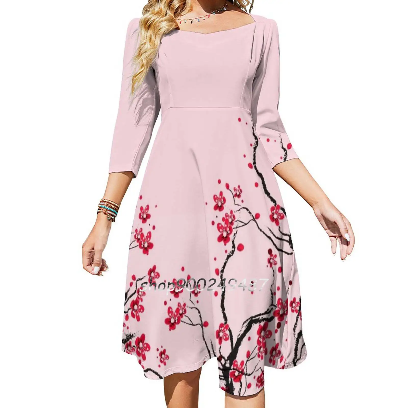 

Cherry Blossom Evening Party Dresses Midi Sexy Dress Female Sweet One Piece Dress Korean Jumpercat Cherry Blossom Flowers