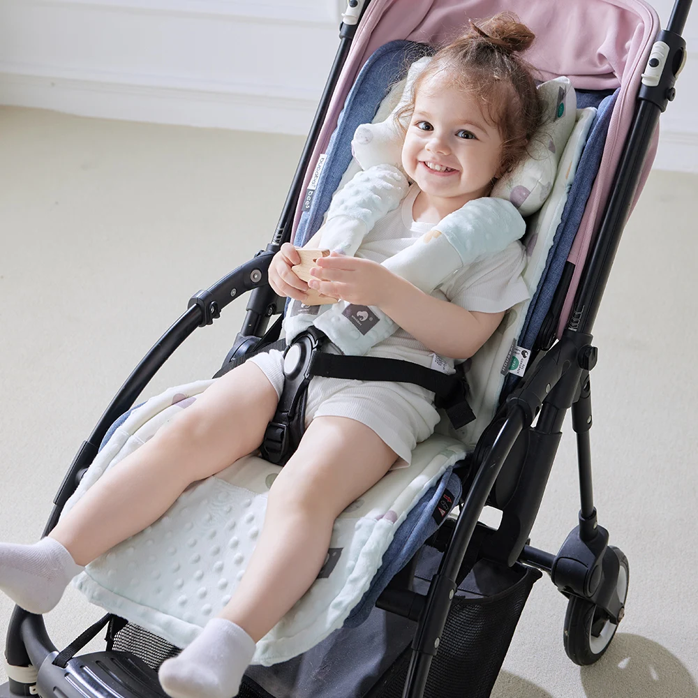 Universal Stroller Cushion Multi Hole Adaptive Pram Double Sides Usable Velvet Patchwork Green Veggie 1.5Cm Thickness Pad