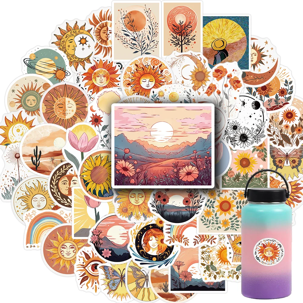 

50/100PCS Art Bohemia Moon Sun Flower Vinyl Stickers Decals for Water Bottle Laptop Skateboard Scrapbook Luggage Kids Toy