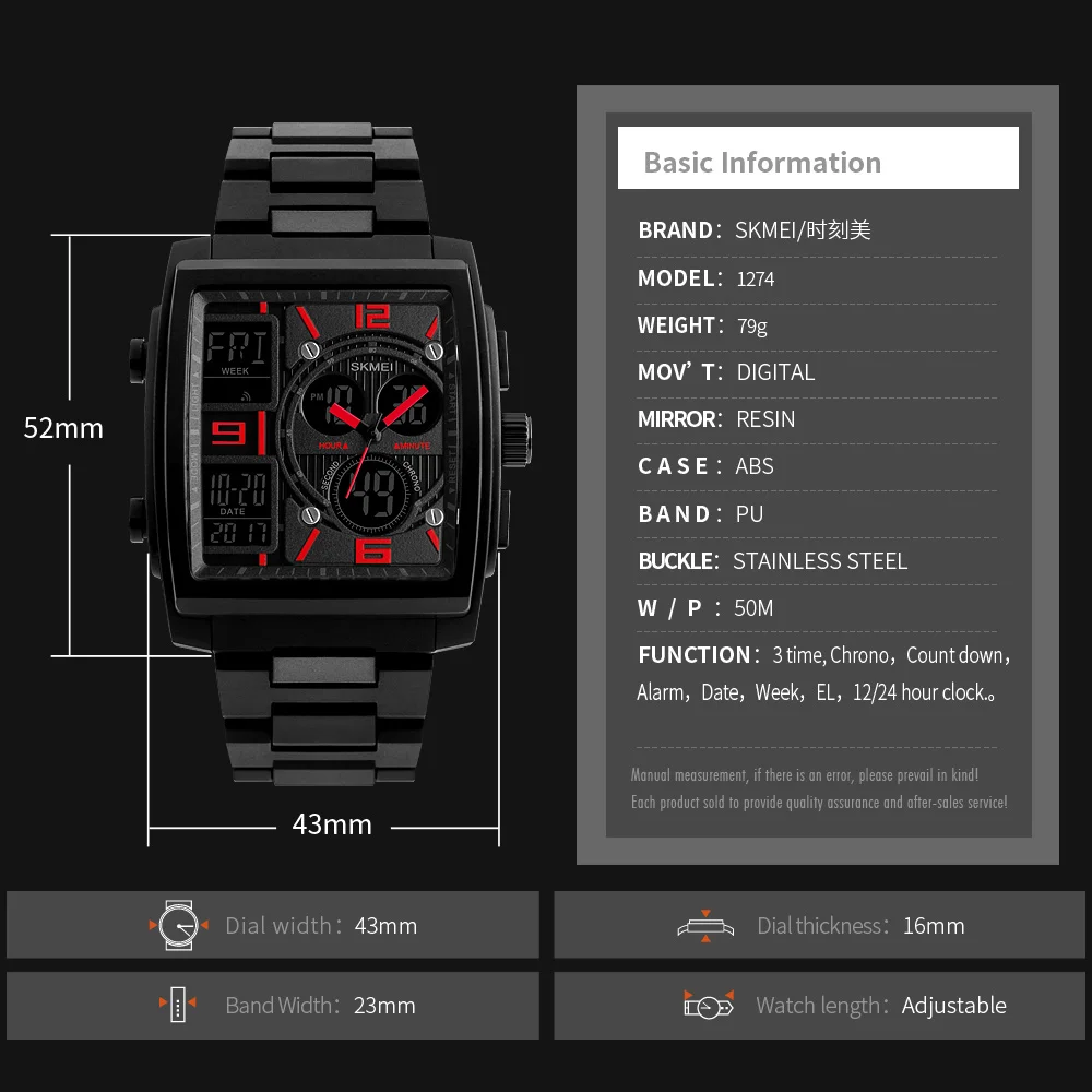 SKMEI 1274 jam tangan Digital untuk pria, arloji olahraga EL ringan tahan air, jam tangan modis pria dengan fitur hitung mundur, Chronograph, Alarm