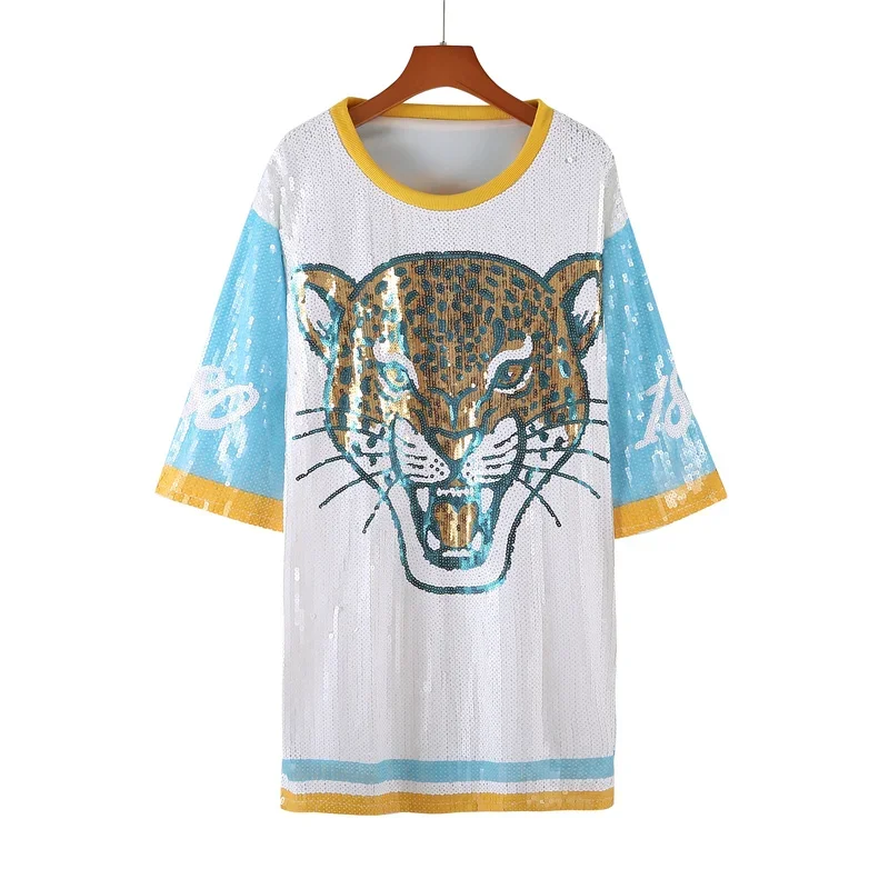 

Women's New Summer Loose Cartoon Striped Patchwork Short Sleeve Sequin Streetwear Fashion T-Shirt Hip Hop Night Club Tops