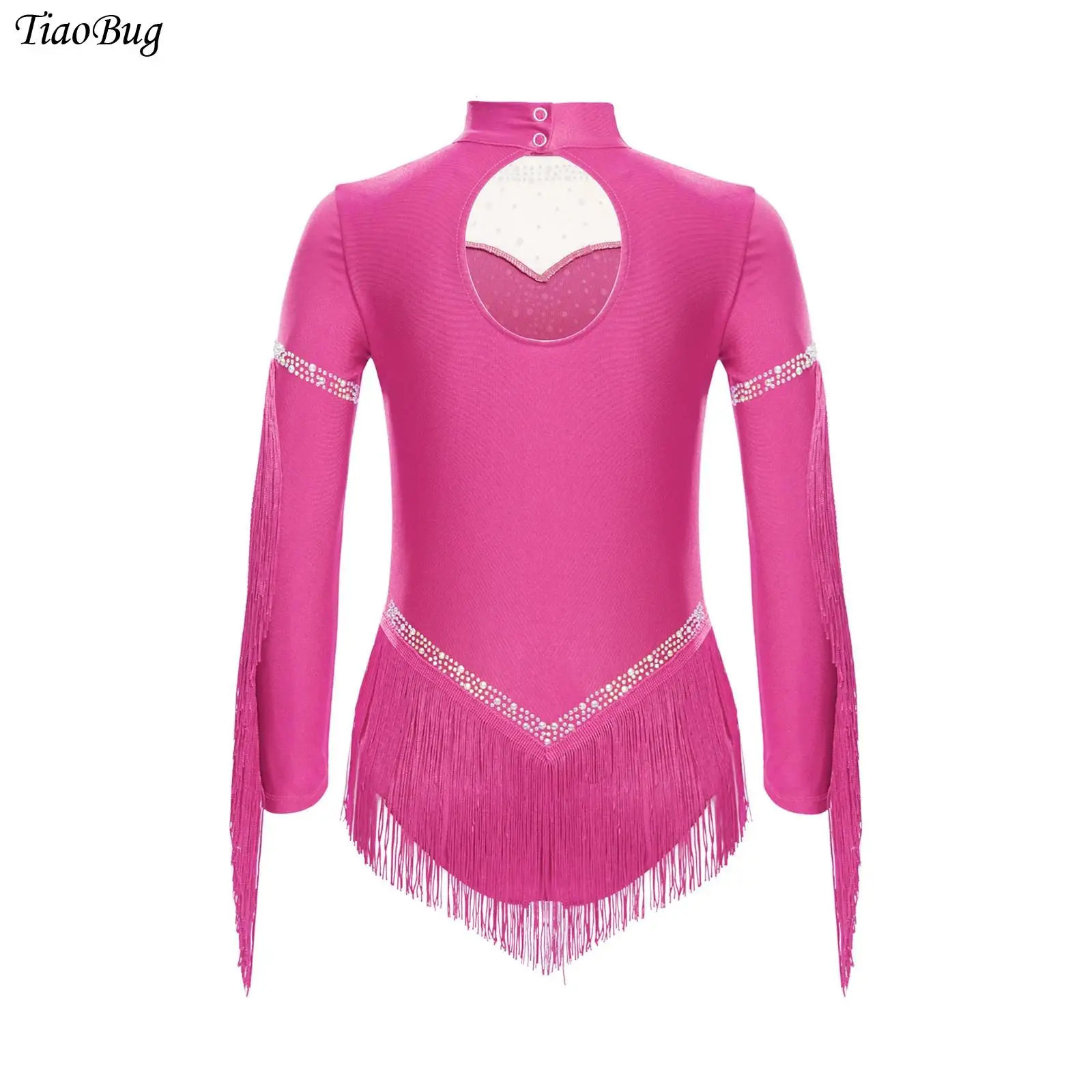 

Girls Long Sleeve Rhinestones Figure Skating Ballet Gymnastics Leotard Tassels Latin Dance Leotard Dress Cha-Cha Tango Bodysuits