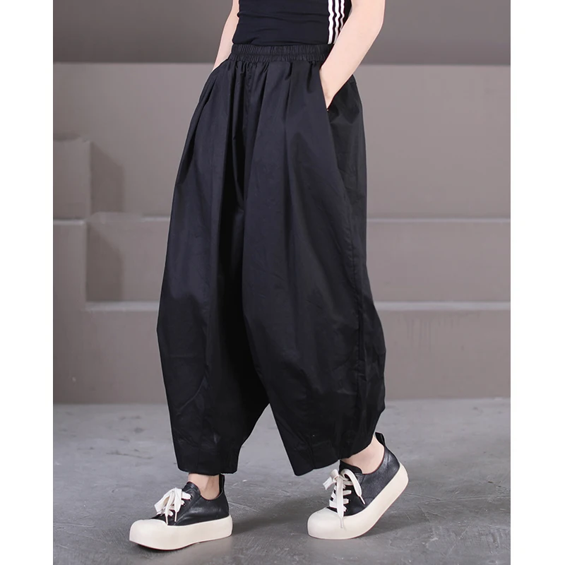 Women's Wide Leg Pants Korean Style Casual Nine Points Lantern Pants with Pockets Loose Fit plus Size Cuffed Trousers