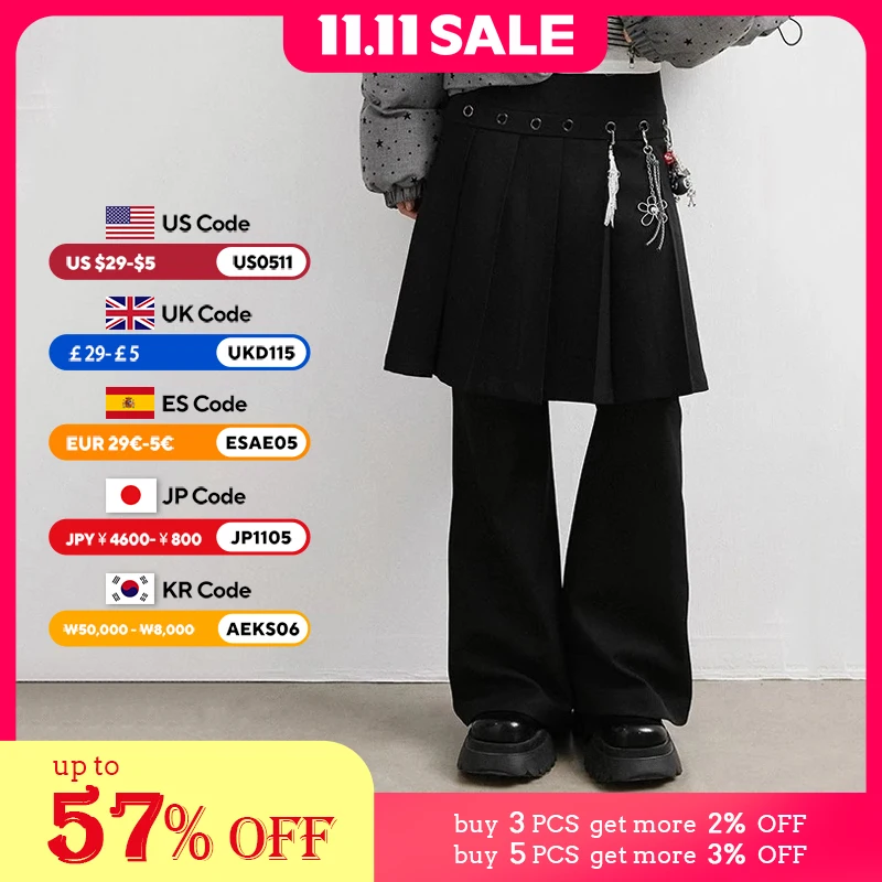 

REDDACHiC Skirt Overlay Women Dress Pants Black Eyelets Pleats Low Waist Bootcut Wide Leg Trousers Acubi Fashion Y2k Streetwear