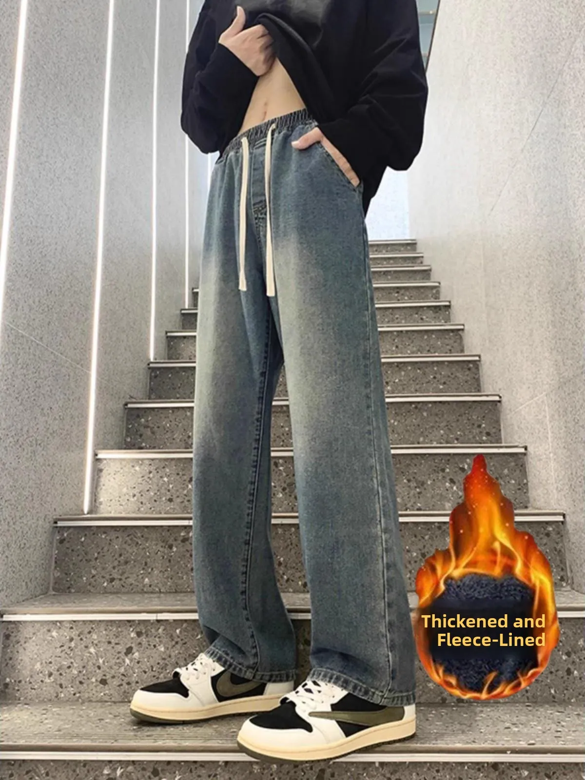 

Мужские джинсы свободного кроя с эластичным поясом и флисовой подкладкой, прямые брюки, повседневные, винтажные, молодежные, модные, зимние