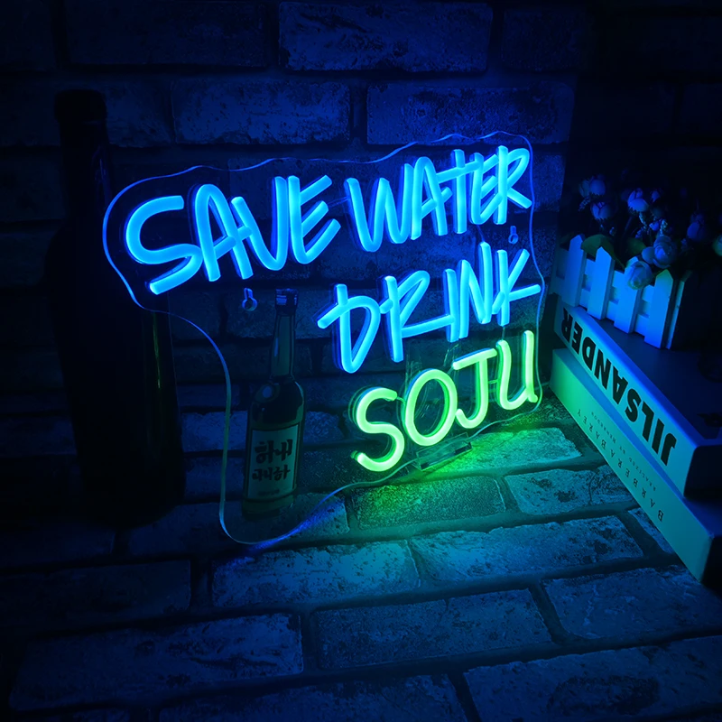 Save Water Drink Soju Neon Signs Custom Dimmable For Wall Decor For Bar Liquor Retro Party Beer Club Restaurant Business Decor