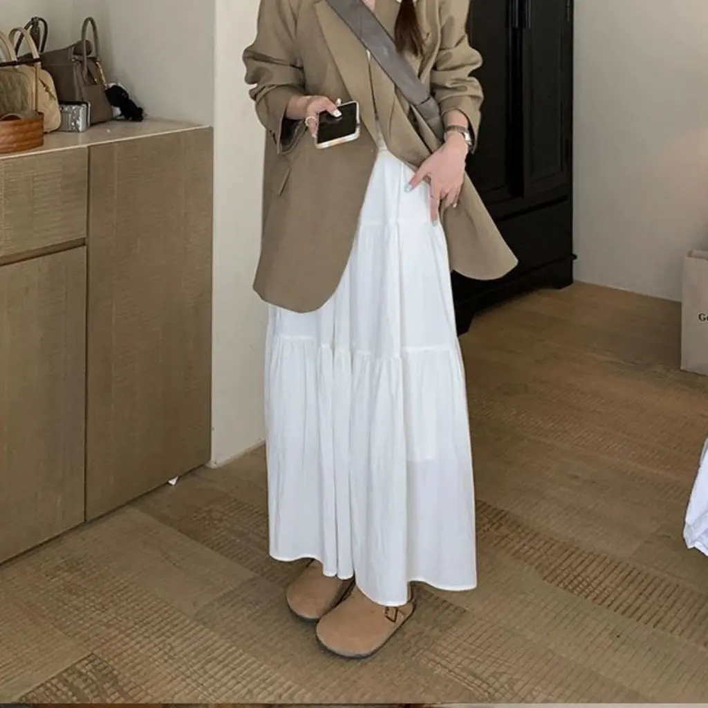 

White A-Line Skirt for Women High Waist Slimming Draping Cake Style Long Skirt Gentle Style Spring New Arrival