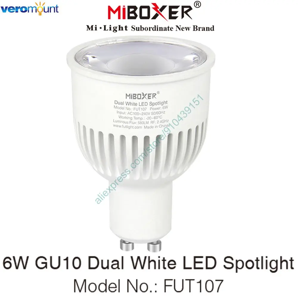 Miboxer FUT107 2.4G RF AC100-240V Smart 6W GU10 Dual White Brightness Color Temperature Adjustable LED Spotlight WiFi Tuya APP