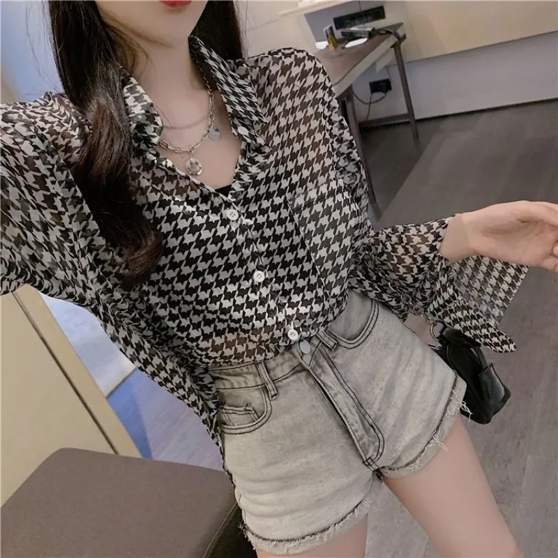 

Spring Summer Simplicity Office Lady Loose Printing Long Sleeve Thin Shirts Women Fashion Trend All-match Loose Vacation Tops