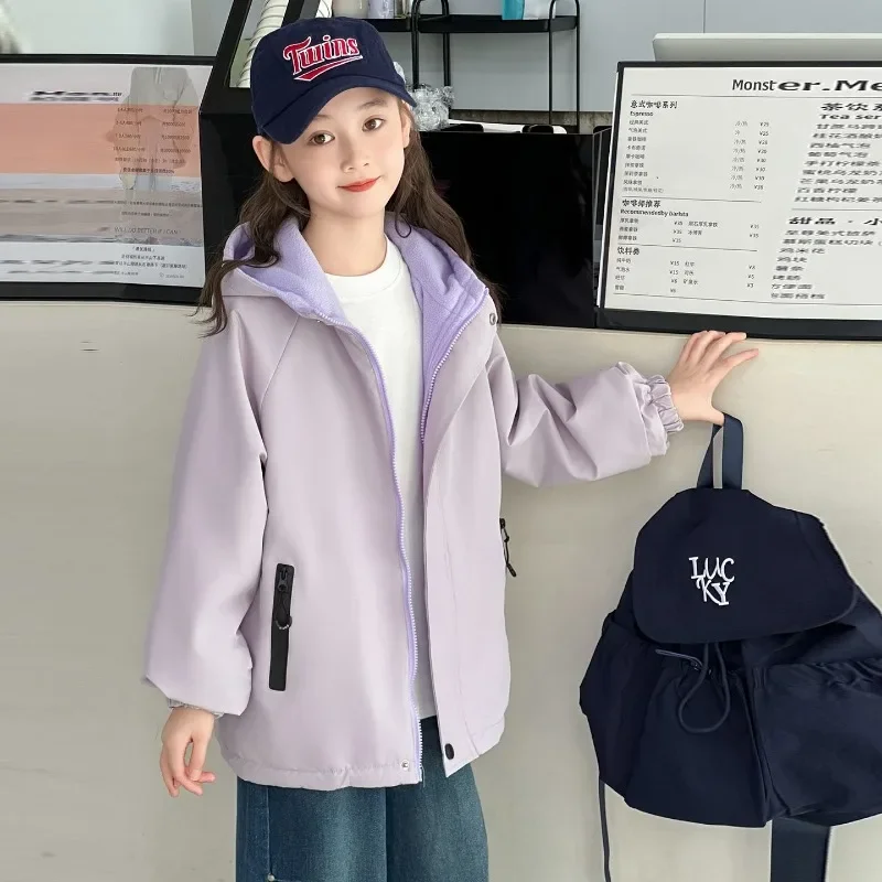 2025 New Reversible Fleece Lined Kids Windbreaker Jacket Double Sided Outdoor Windproof Coat for Toddler Girls Spring Autumn