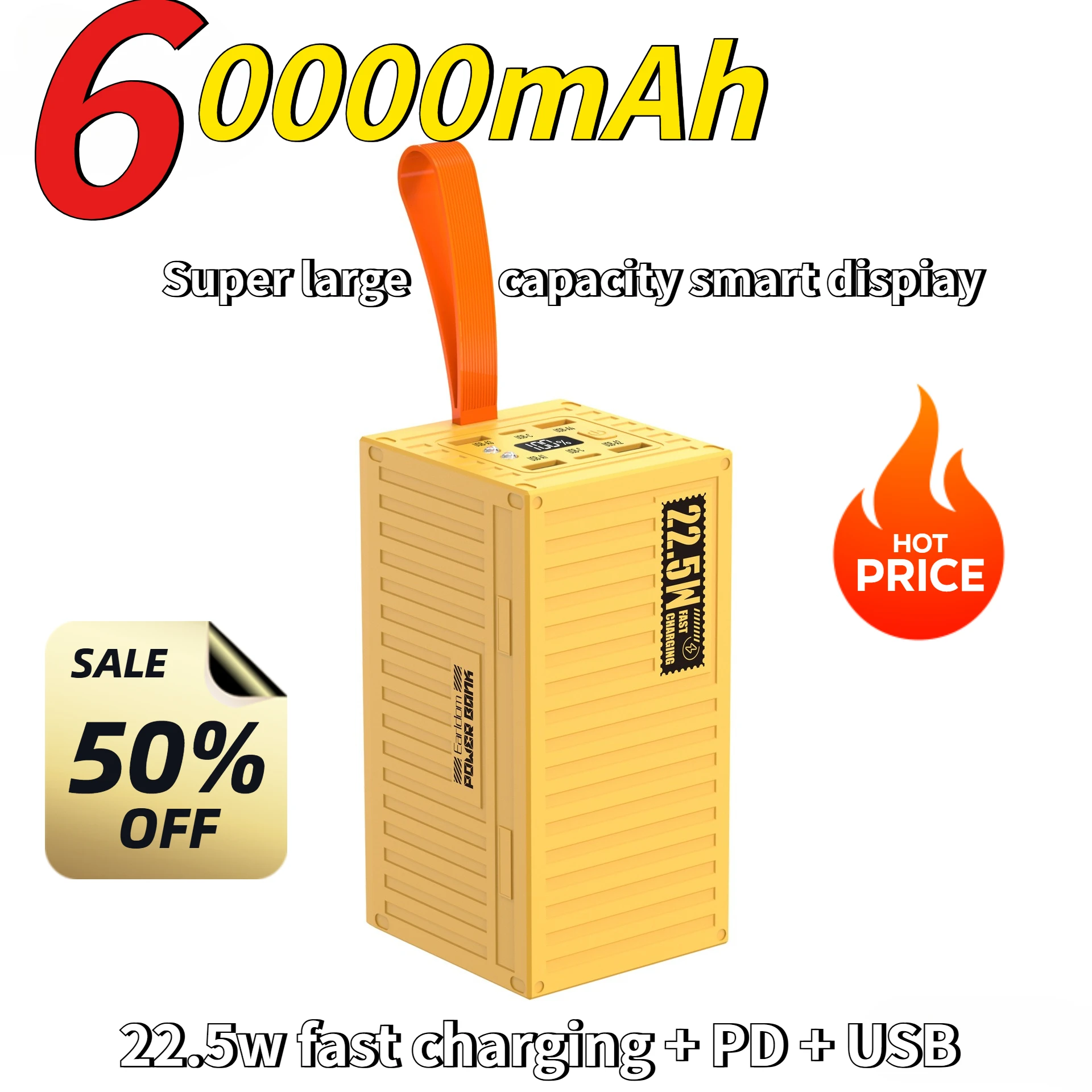 يحتوي بنك الطاقة الإبداعي بسعة كبيرة 60000 مللي أمبير في الساعة، شاشة رقمية، مصدر طاقة للهاتف المحمول مناسب لهاتف IPhone Xiaomi