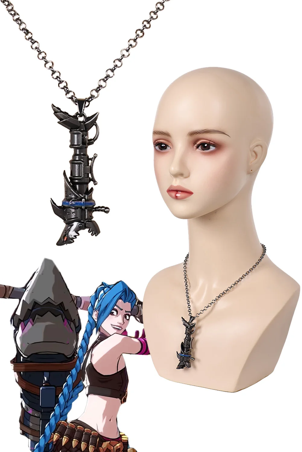 Arcane Jinx Fishbone Pendant Necklace 2024 Game Lol Tv 2 Fish Bones Rocket Launcher Metal Punk Gun Chain Cosplay Costume Jewelry