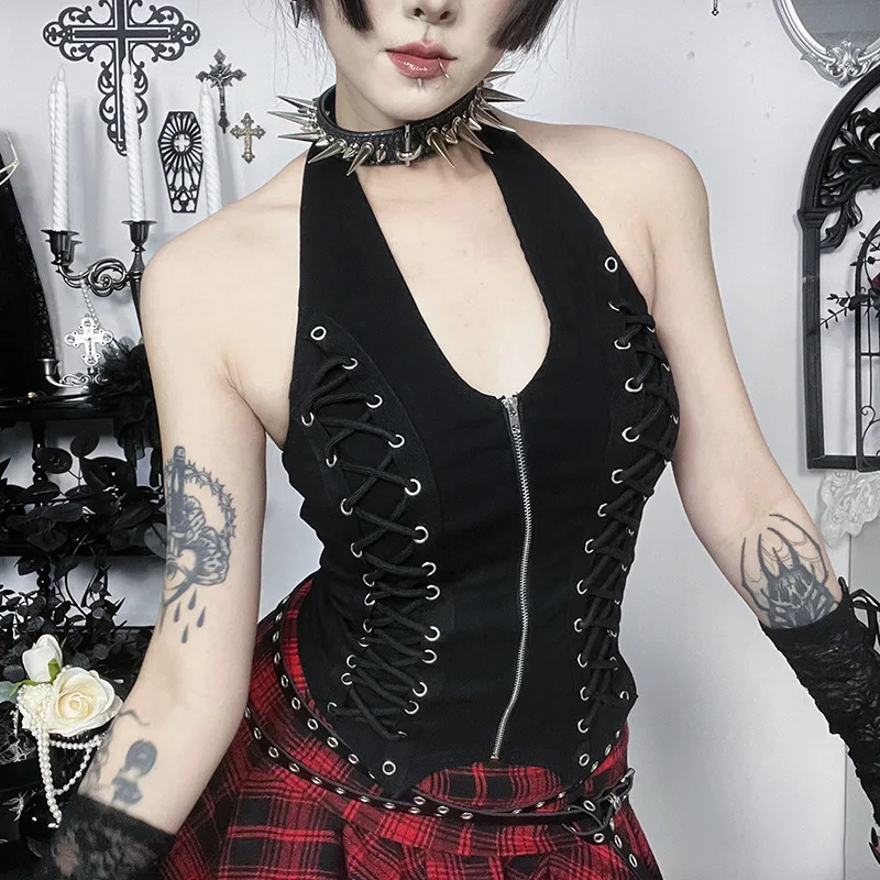 2026 New Vintage Punk Gothic Vest Women's Streetwear E-girl Alternative Y2k Grunge Harajuku Eyelet Bandage Crop Tank Tops Female