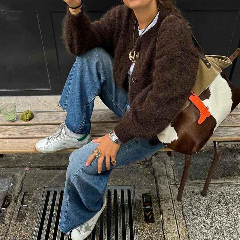 

Retro Brown Casual Button-Up Cardigan Sweater Women 2025 Autumn Winter New Loose Long-Sleeved Warm Coat Korean Fashion