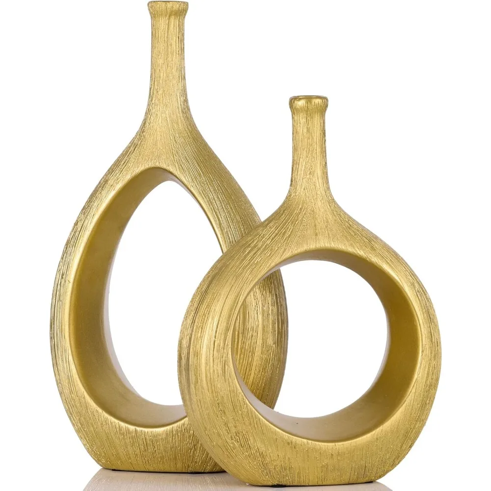 

Brushed Gold Ceramic Vase Set of 2 Modern Hollow Circle with Hole Floral Vase for Farmhouse Home Decor Table Centerpiece