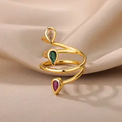 Stainelss Steel Three Layered Waterdrop Rings For Women Open Luxury Wedding Crystal Zircon Ring Aesthetic Jewelry Mom Gifts