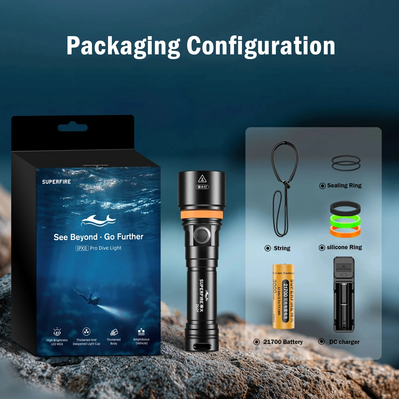 Waterdichte, krachtige LED-duiklamp met extra lange reikwijdte tot 500 meter, duurzame batterij, USB-opladen