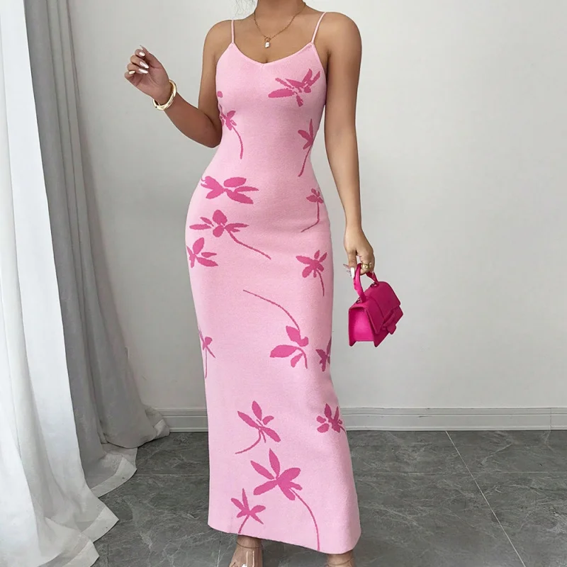 

New Ladies Floral Pattern Jacquard Knit Slim Fit Suspender Casual Dress