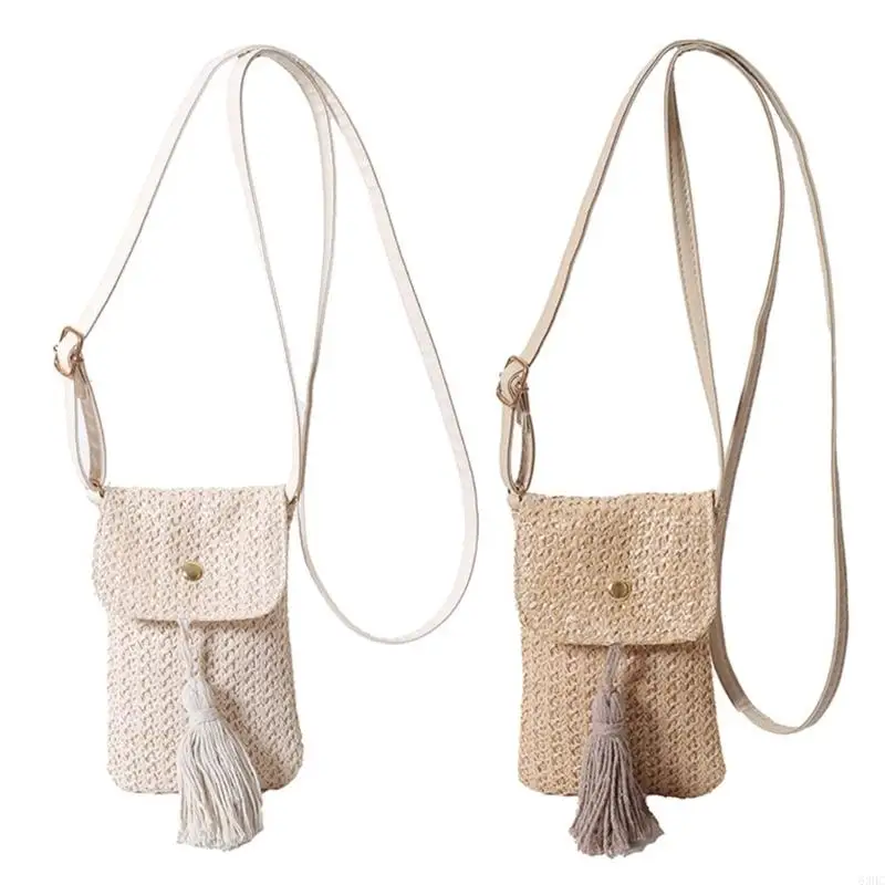 

63HC Woven Straw Phone Bag with Adjsutable Strap and Tassels Shoulder Crossbody Purse Wallet for Women Beach and Travel