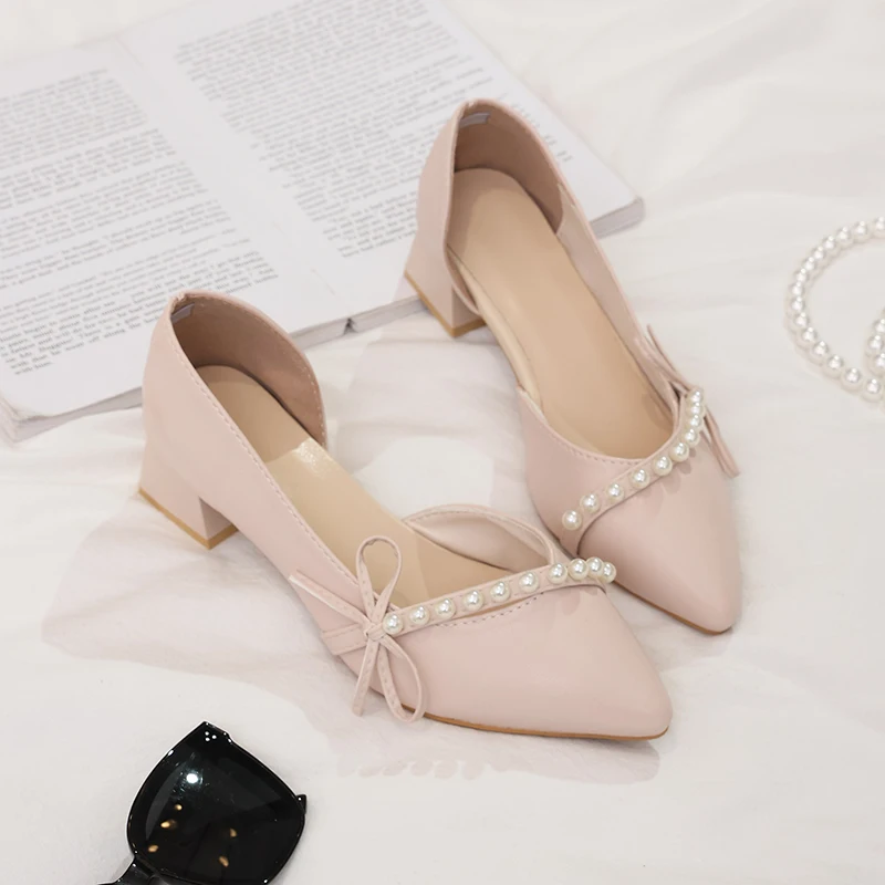

Women's Elegant Pointed Toe Pumps Pearl Bowknot Design Low Chunky Heels Comfortable Cutout Dress Shoes for Wedding Party Office