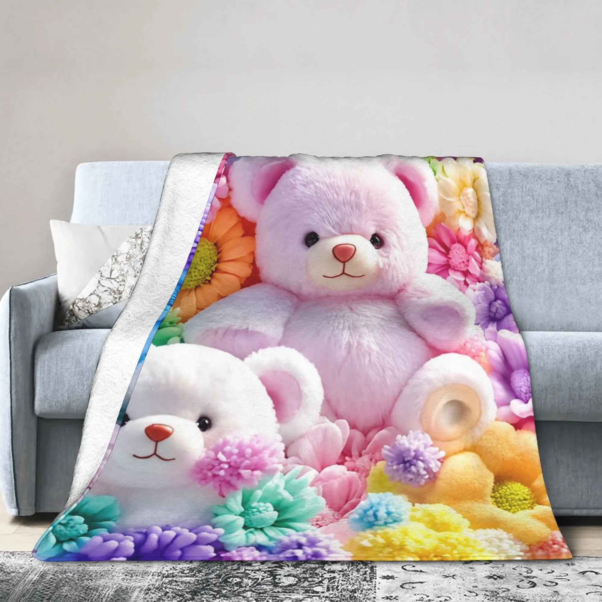 3D Teddys Bear Sweet Cartoon Lovely Flannel Blankets Candy Flower Novelty Throw Blanket for Home Hotel Sofa  200x150cm Bedspread
