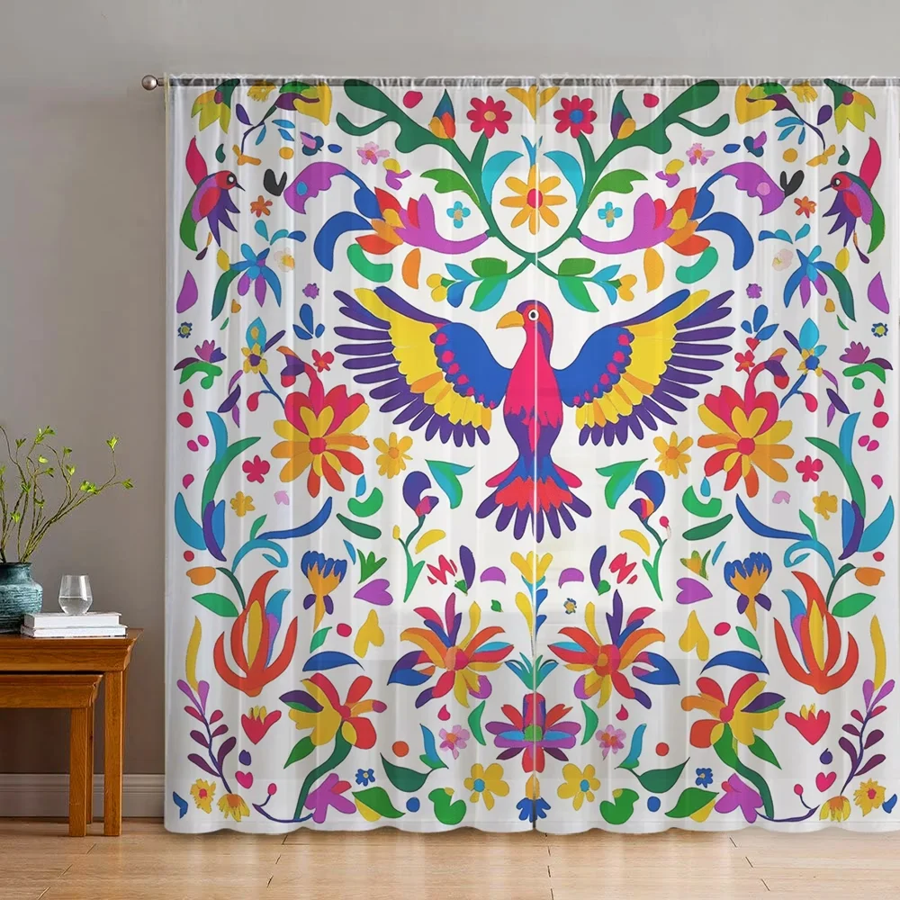 2PCS Digital Printing Sheer Curtain, Mexican Folk Art Birds Flowers Pattern, Vibrant Ethnic Bohemian Fiesta Living Room Decor
