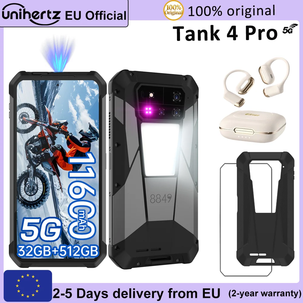 Smartphone robuste avec projecteur Unihertz 8849 Tank 4 Pro, 36 Go + 1 To, 5G, processeur Dimensity 8300, écran AMOLED 3K de 6,73 pouces, Android 14, batterie de 11600 mAh