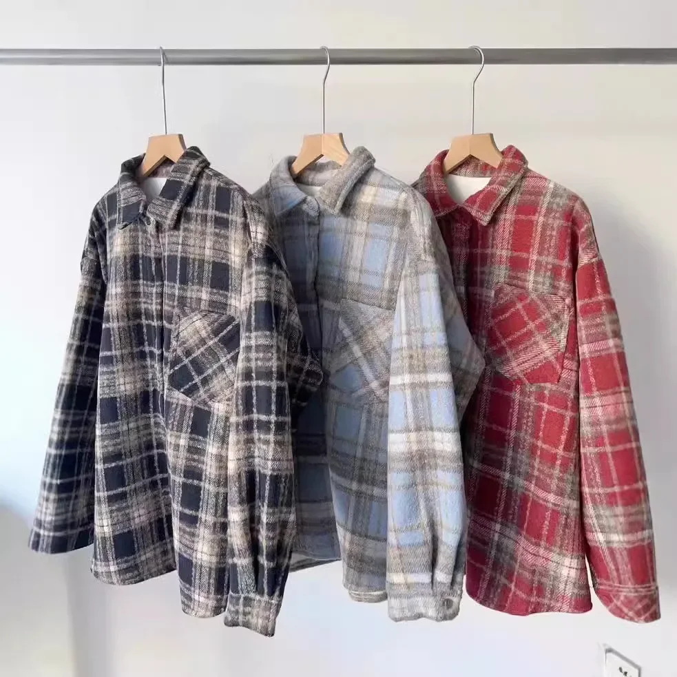 الرجعية الأمريكية النبيذ الأحمر نحى منقوشة قميص سترة المرأة الخريف الشتاء فضفاضة تنوعا منتصف طول زر متابعة أعلى